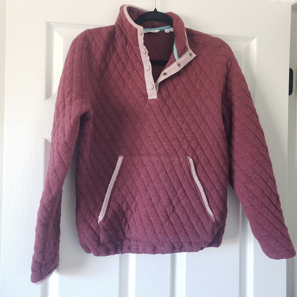 Orvis Maroon Quilted Pullover Sweater Jacket Pink Trim 100% Cotton Pockets #75 - Picture 1 of 8